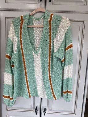O'Neill Mint Green, Cream & Tan Striped V-Neck Sweater